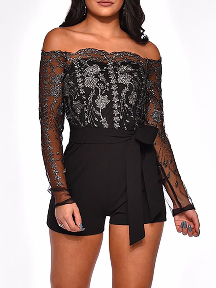

Sheer Lace Bodice Belted Romper, Black