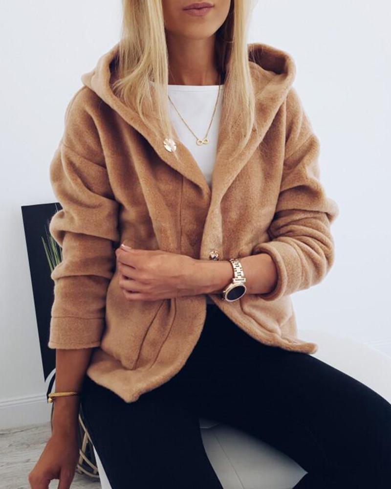 

Hooded Solid Long Sleeve Pocket Fluffy Coat, Brown