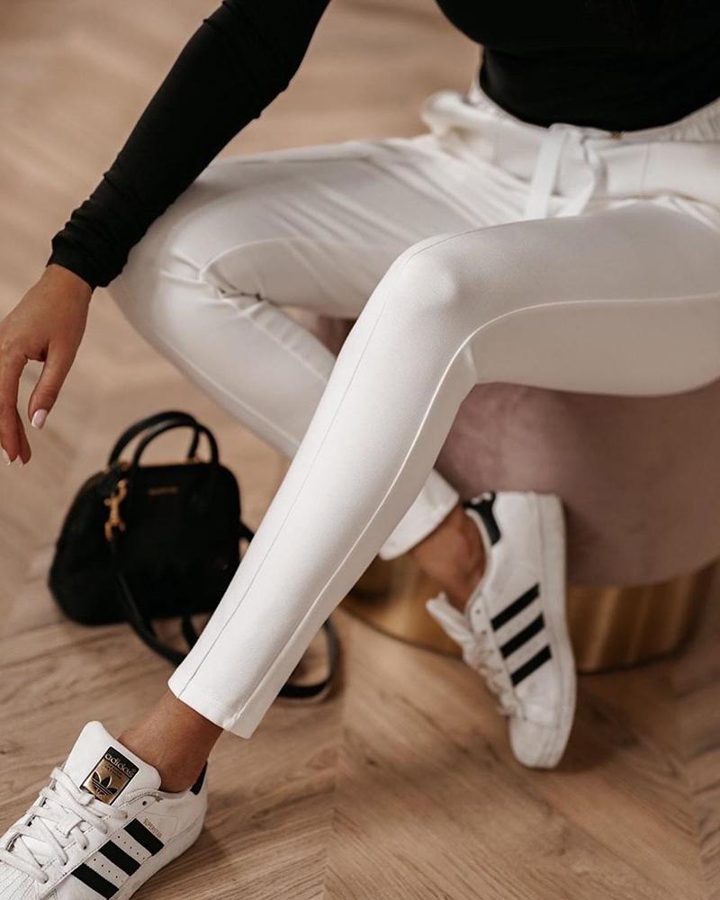 

Solid Dual Pocket Drawstring Casual Pants, White