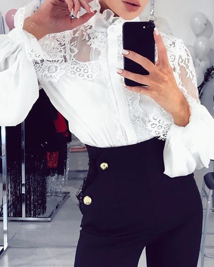 

Lace Insert Lantern Sleeve Blouse, White