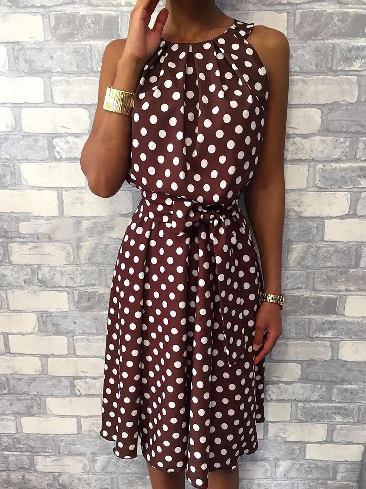 

Polka Dot Sleeveless Belted Casual Dress, Coffee