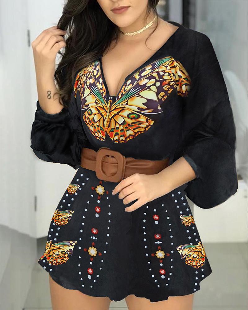

Butterfly Print Lantern Sleeve Backless Romper