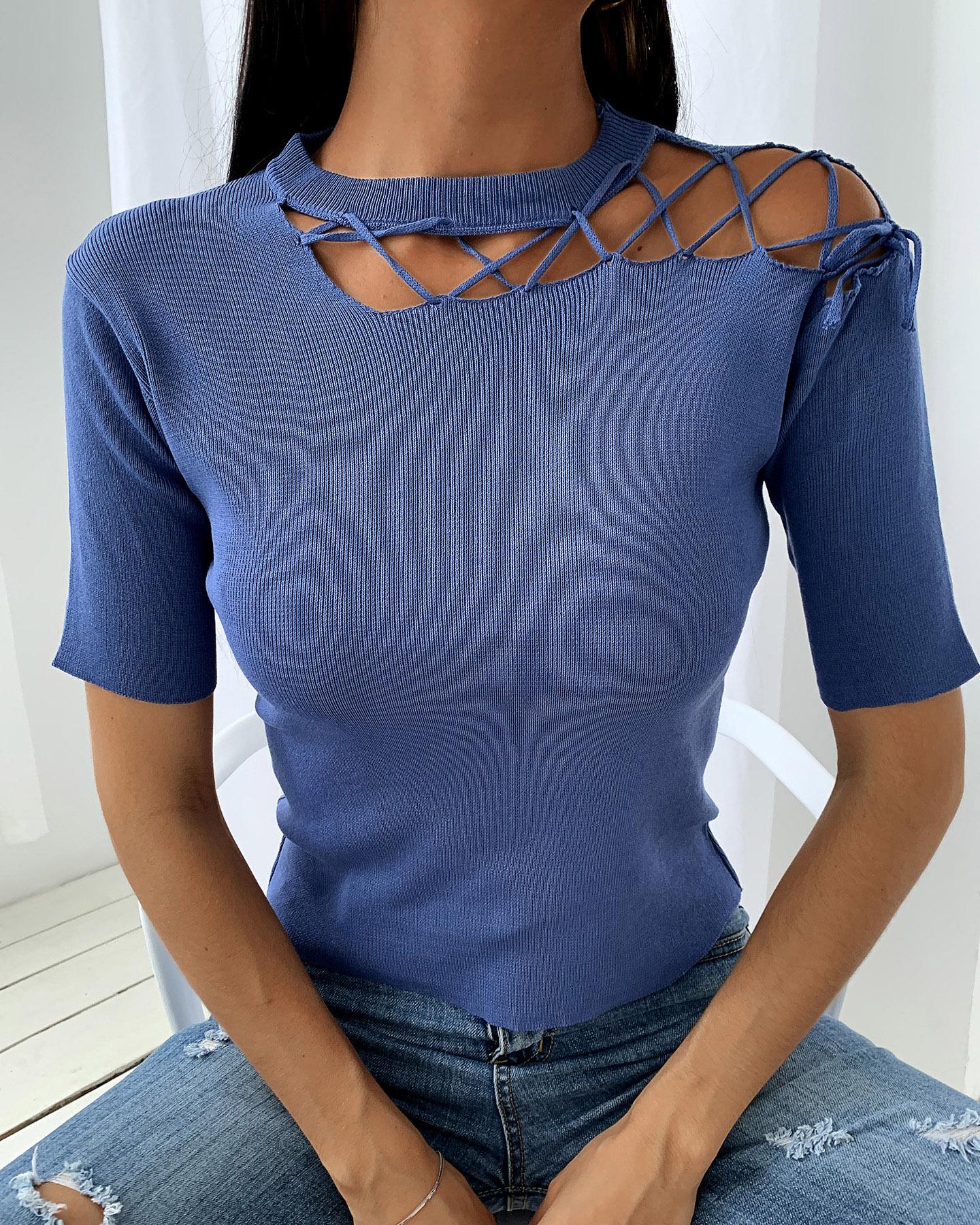 

Solid Short Sleeve Lace-up Knit Sweater, Blue