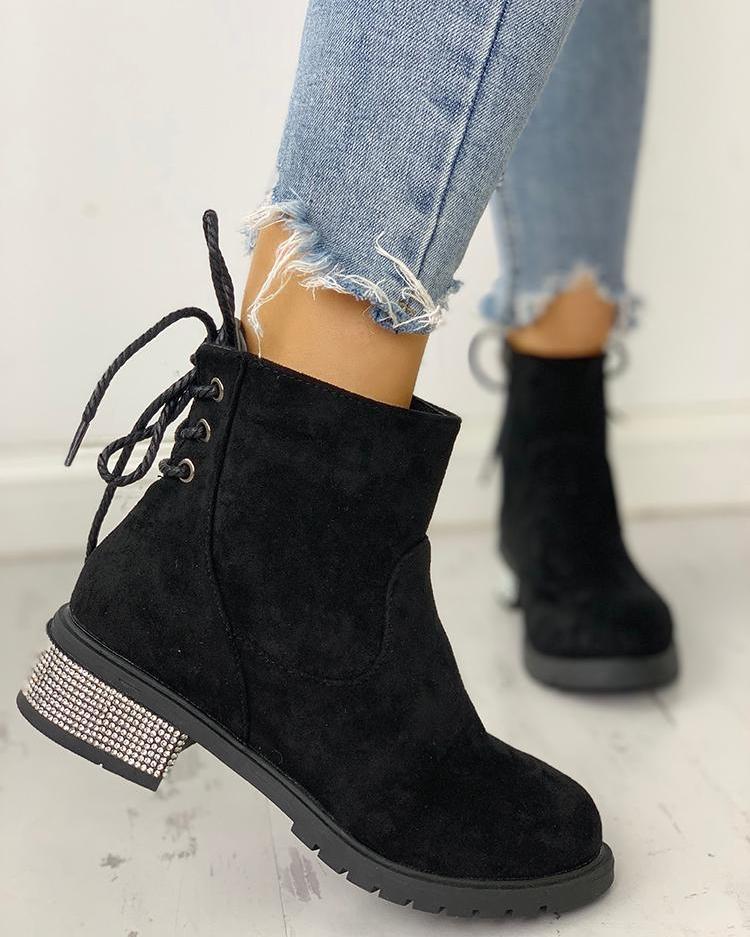 

Gem-Studded Insert Lace-Up Back Boots, Black