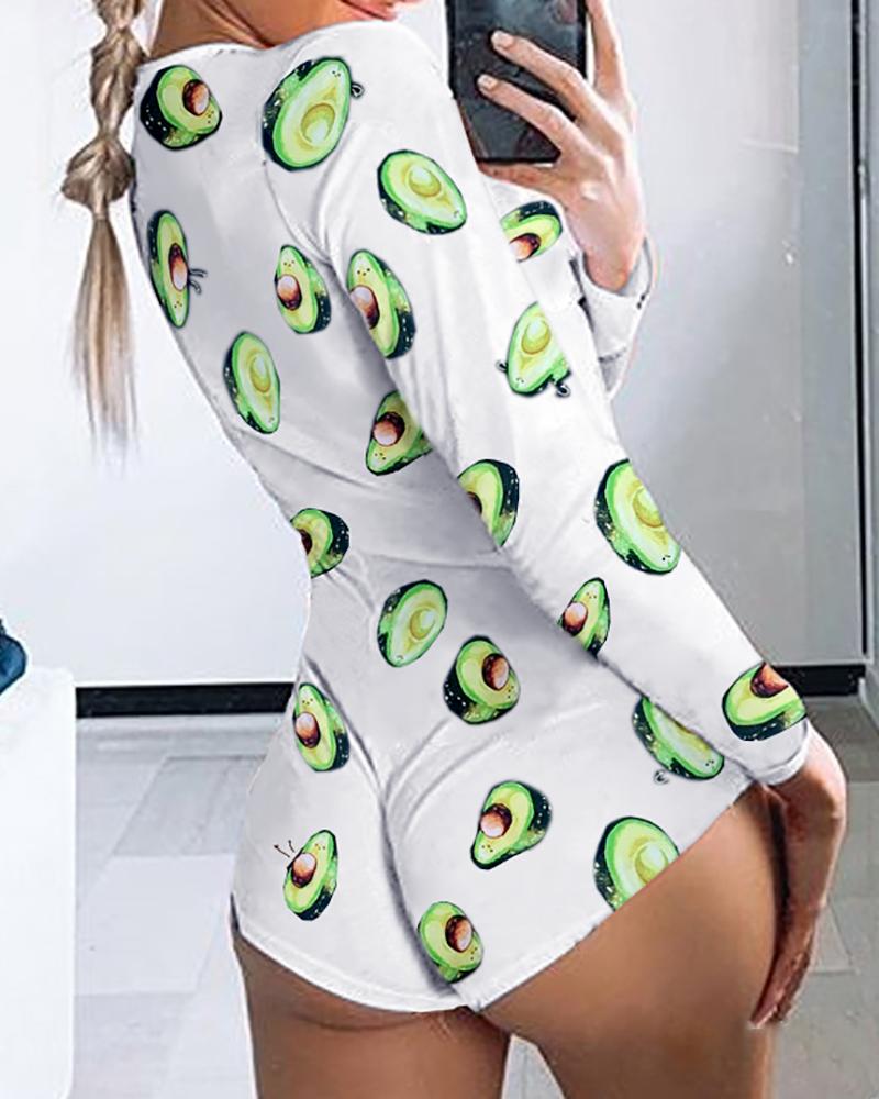 

Long Sleeve Avocado Print Lounge Romper, White