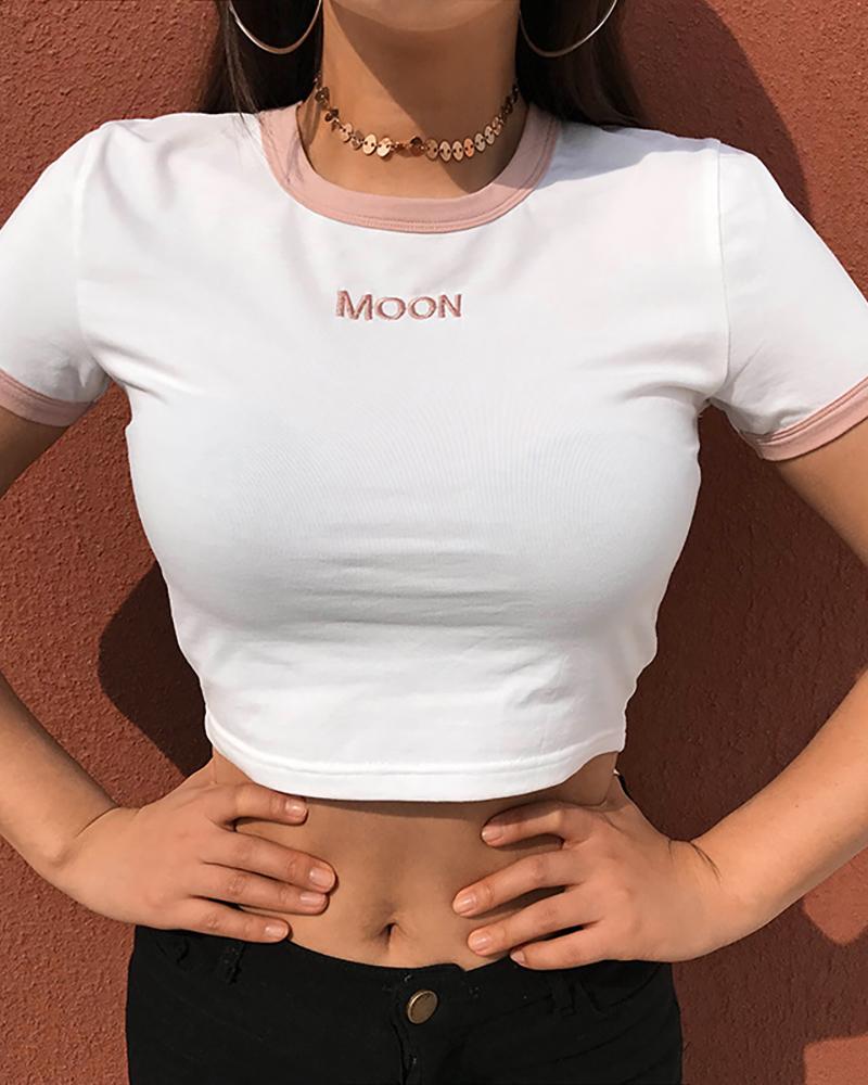 

Letter Embroidery Contrast Binding Crop Top, White