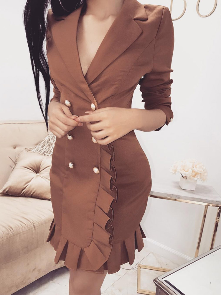 

Double-Breasted Ruffle Trim Blazer Dress, Coffee
