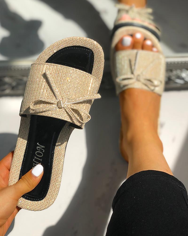 

Studded Bowknot Design Flat Slipper Sandals, Gold