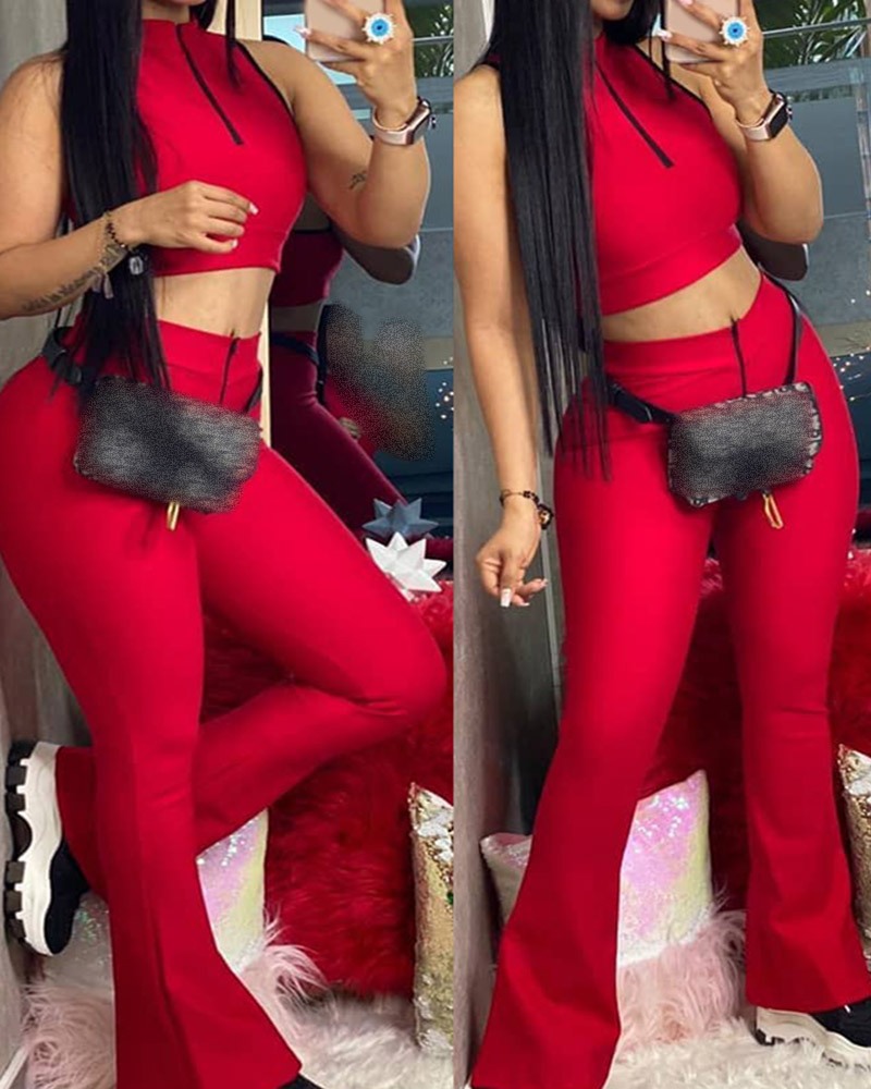 

Zip Crop Top & High Waist Bootcut Pants Set, Red