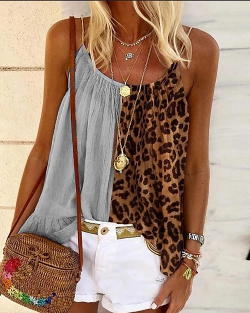 

Leopard Print Colorblock Tank Top, Gray
