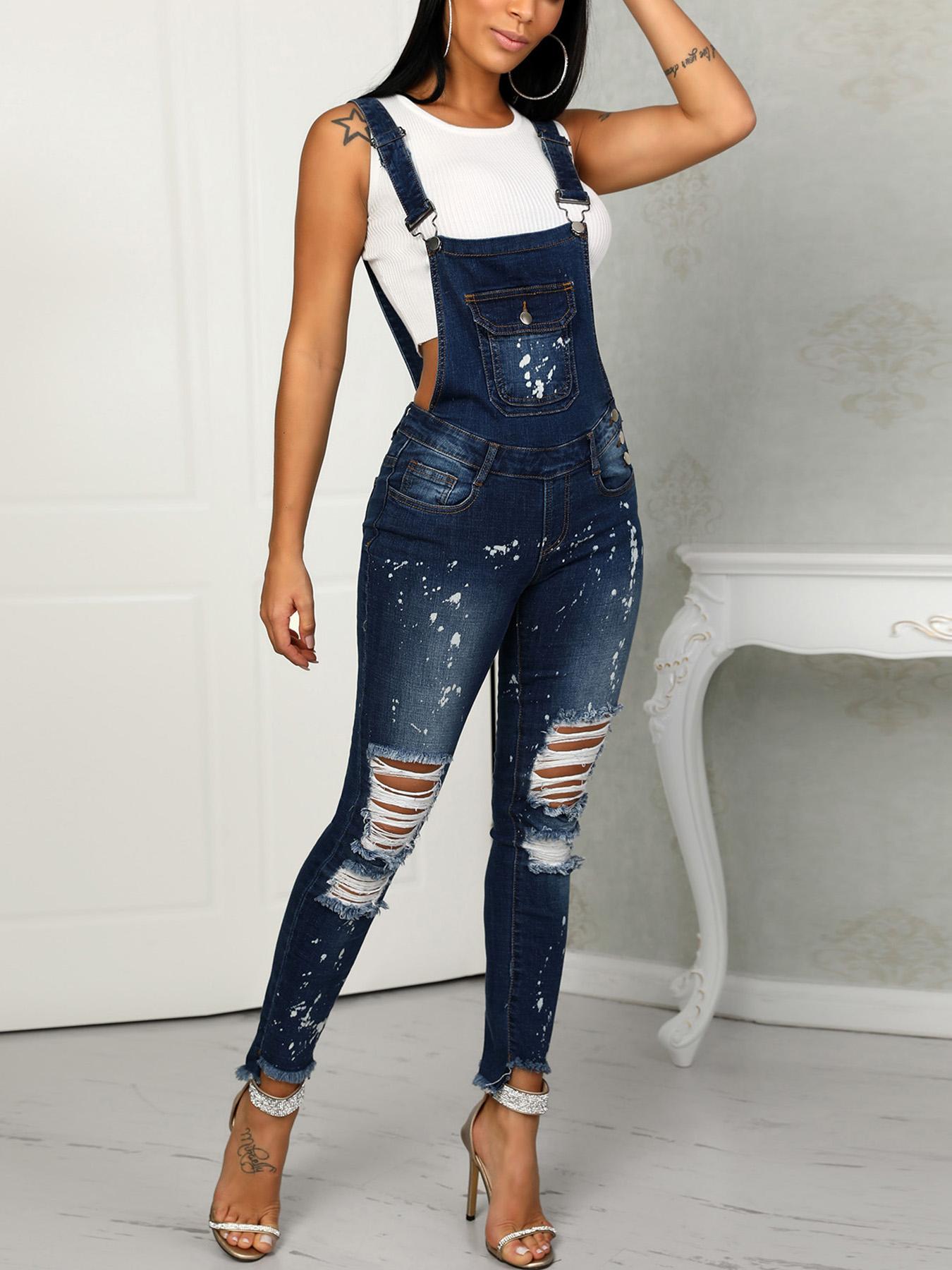 

Denim Distressed Holey Pocket Suspenders Jumpsuit, Blue