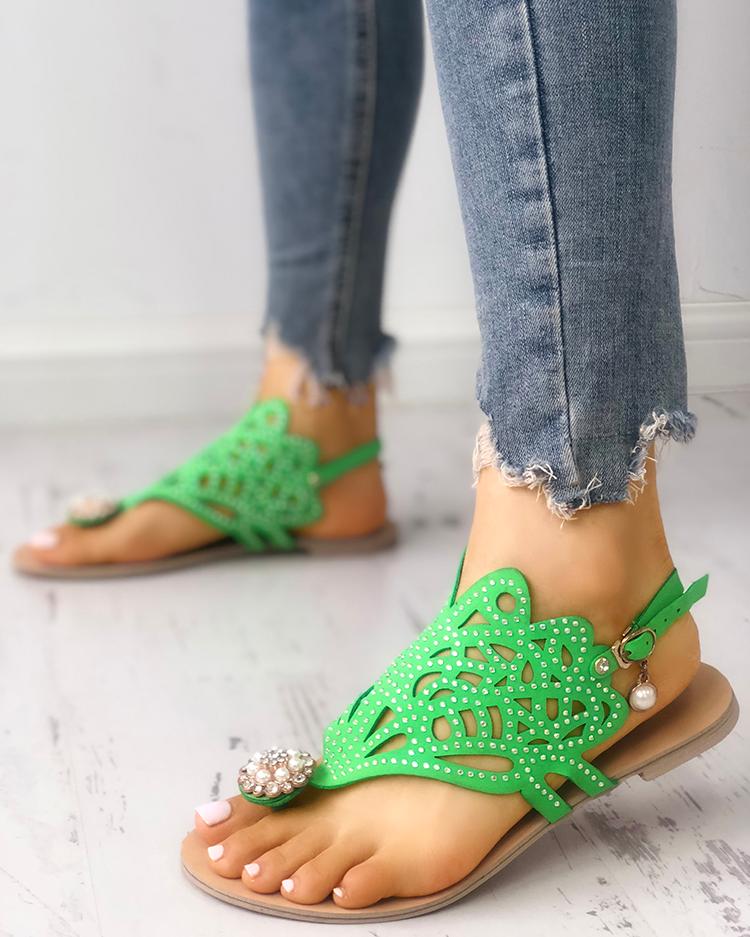 

Sequins Embellished Hollow Out Toe Post Sandals, Green