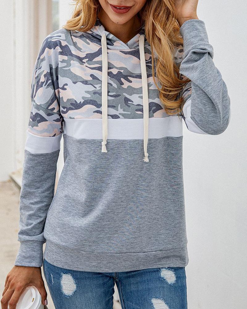 

Camouflage Colorblock Drawstring Design Hooded Sweatshirt, Green