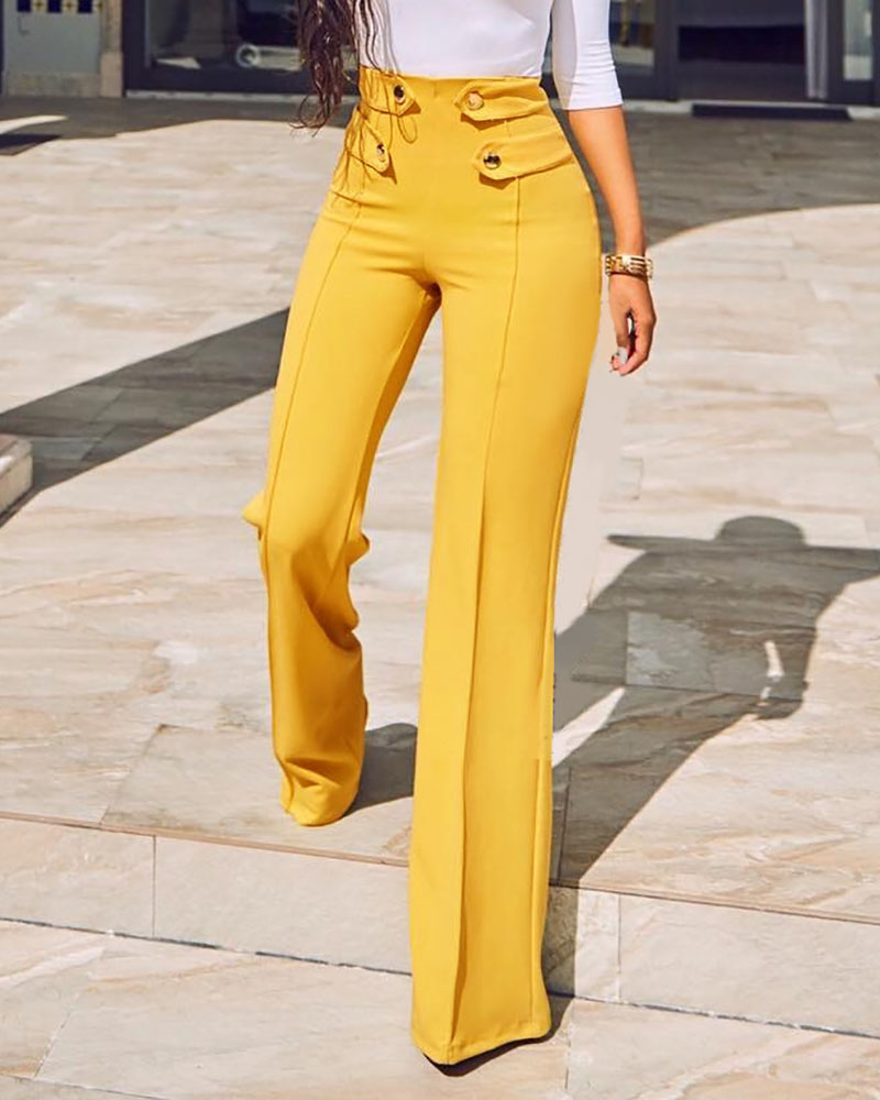 

High Waist Button Design Wide Leg Pants, Yellow