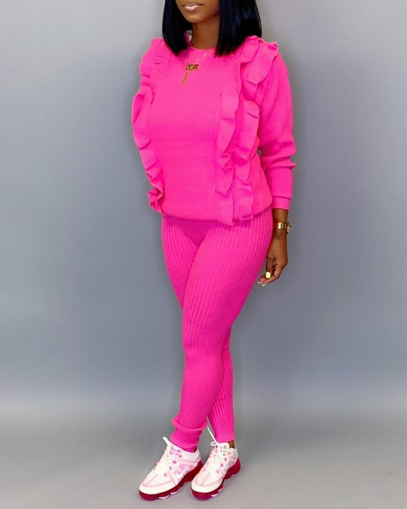 

Solid Frill Ribbed Long Sleeve Top & Pants Sets, Hot pink