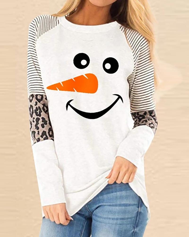 

Christmas Snowman Cheetah Print Colorblock Casual Sweatshirt, White