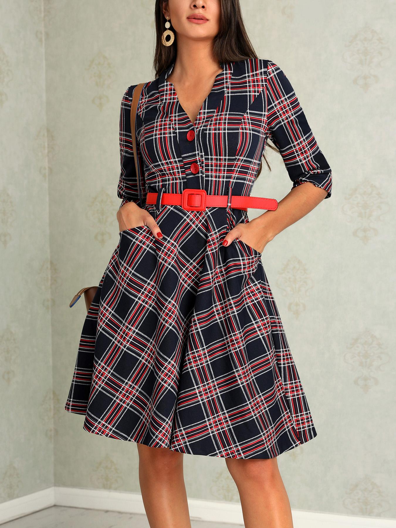 

Plaid Print Button Pocket Design Belted Dress, Black