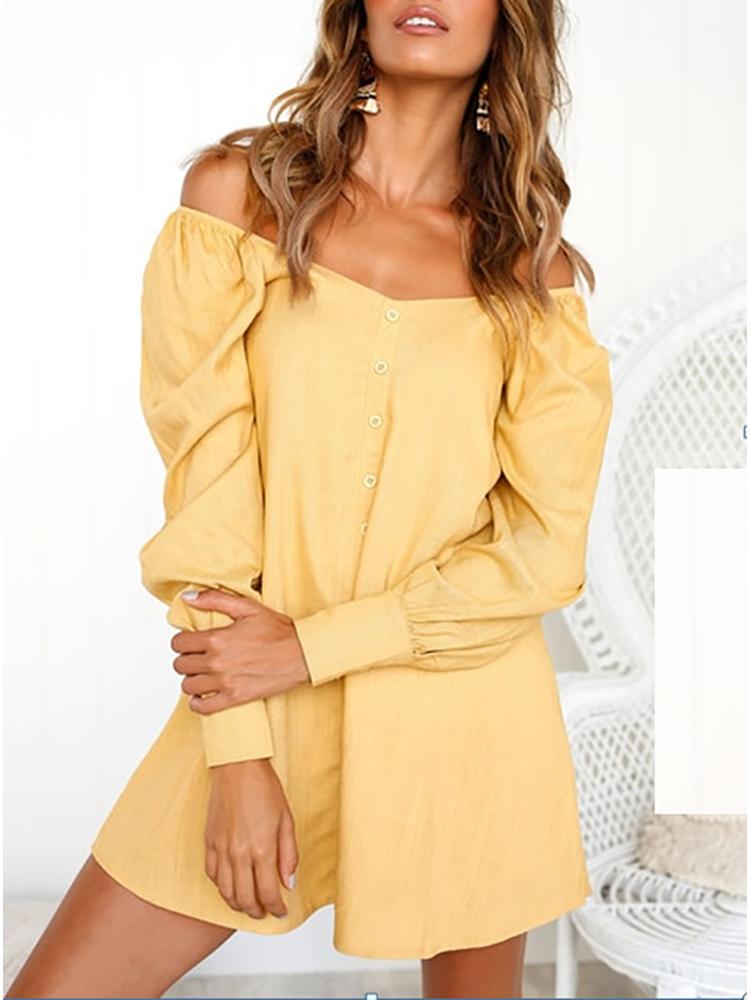 

Off Shoulder Long Sleeve Button Casual Dress, Yellow
