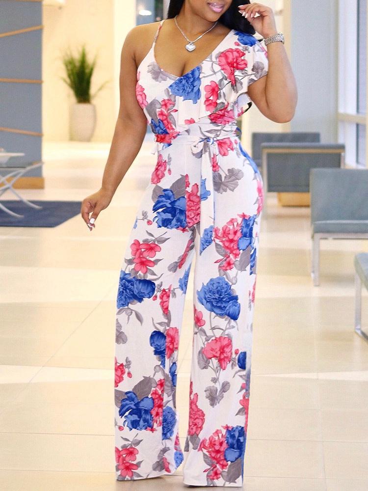 

Floral Single Strap Ruffle Wide Leg Jumpsuit, White
