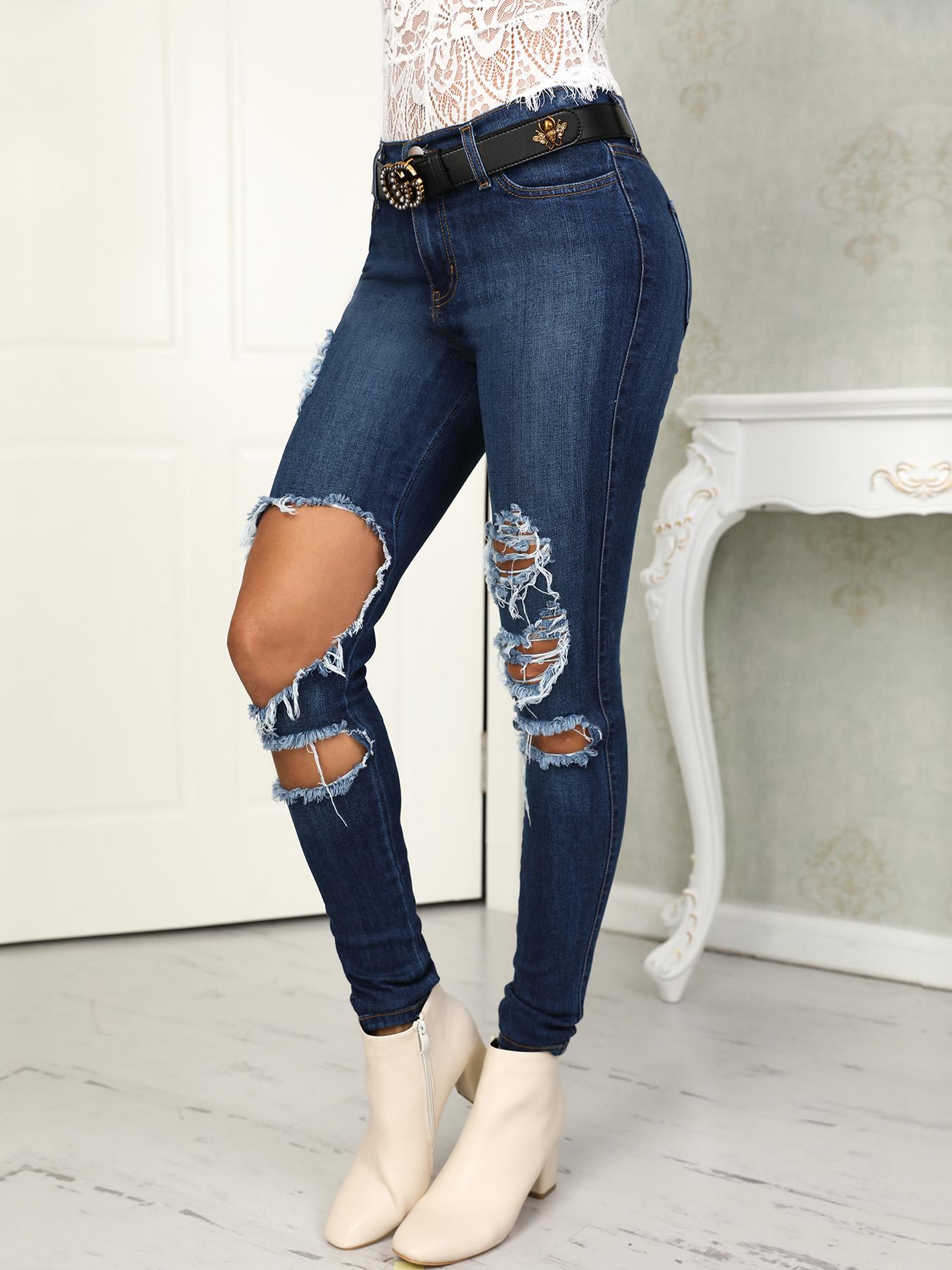 

Denim Holey Fringes Distressed Pencil Pants
