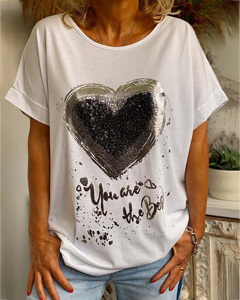 

Heart Letter Print Casual T-shirt, White