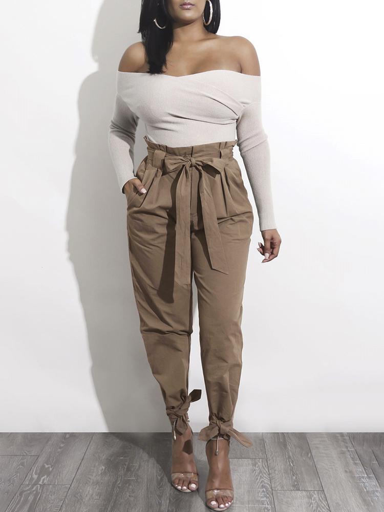 

Fashion Belted Ankle Tie High Waist Pants, Khaki