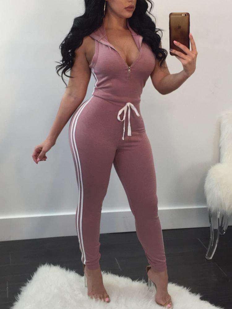 

Striped Side Drawstring Hooded Skinny Jumpsuit