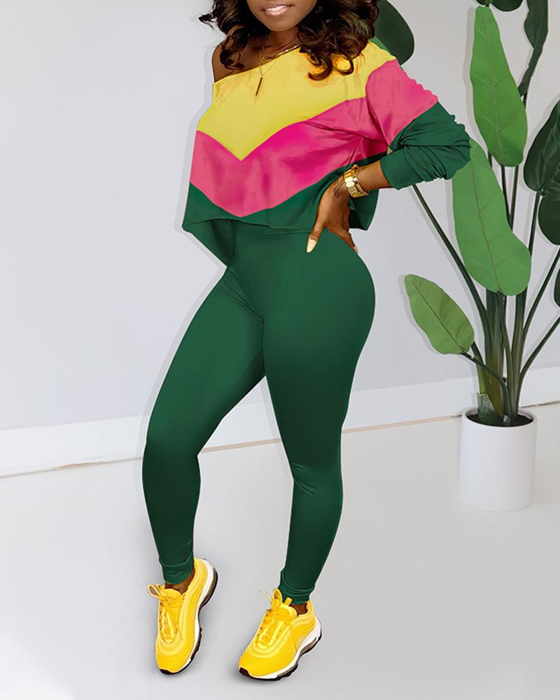 

Skew Neck Colorblock Long Sleeve Top & Pants Sets, Green