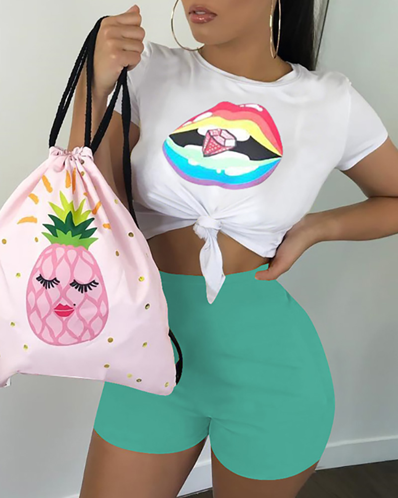 

Cartoon Print Crop Tee & Shorts Set, Green
