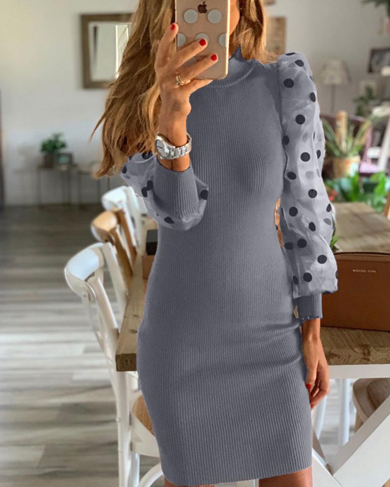 

Ribbed Polka Dot Mesh Sleeve Dress, Gray