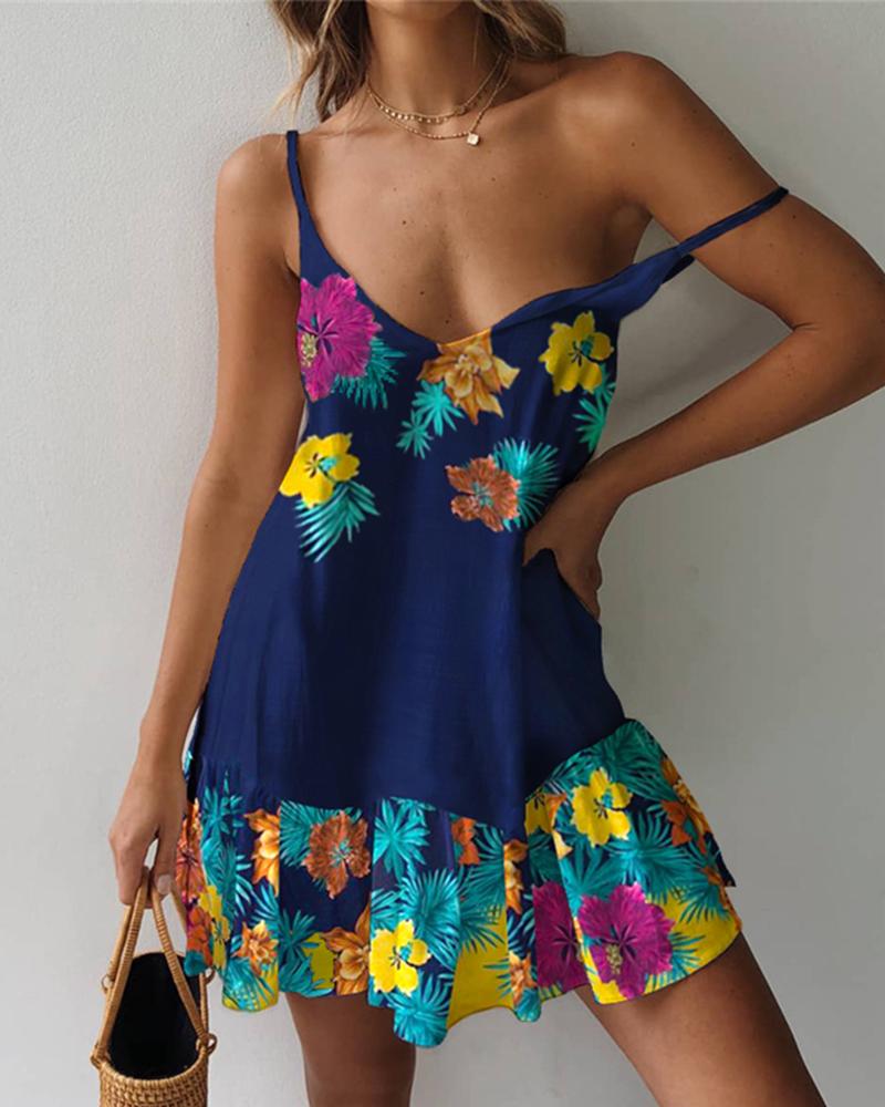 

Floral Tropical Print Plunge Ruffles Dress, Purplish blue