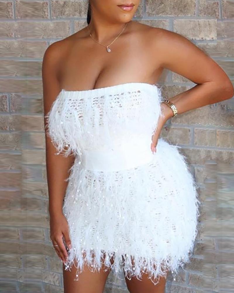 

Solid Fluffy Tassel Design Off Shoulder Dress