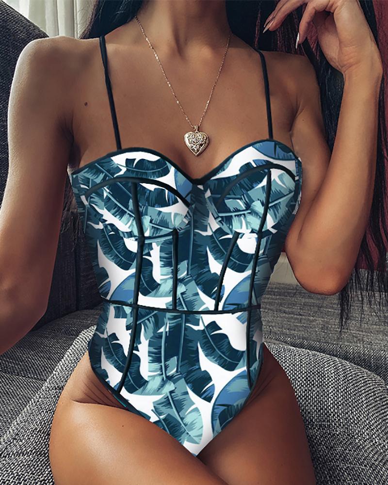 

Spaghetti Strap Floral Print One Piece Swimsuit, Blue