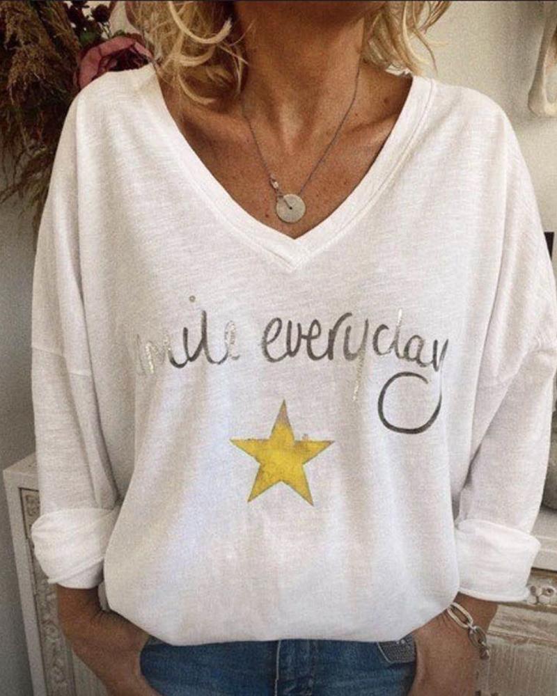 

Letter Star Print Long Sleeve Casual T-shirt, Yellow