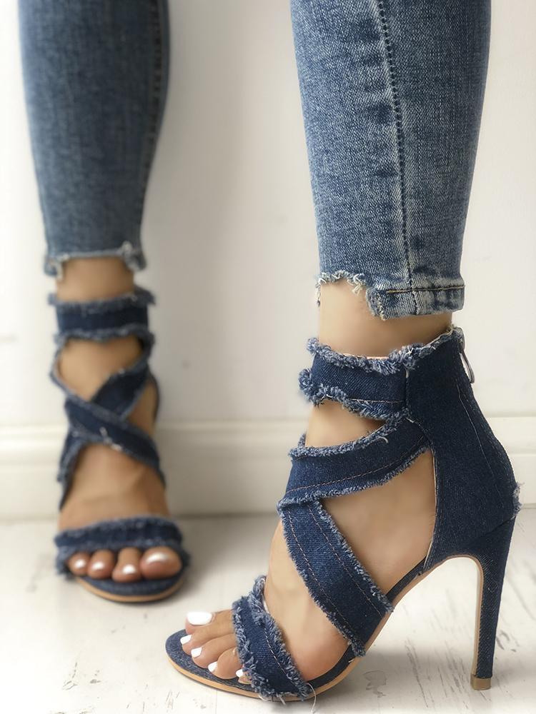 

Criss Cross Frayed Denim Thin Heeled Sandals
