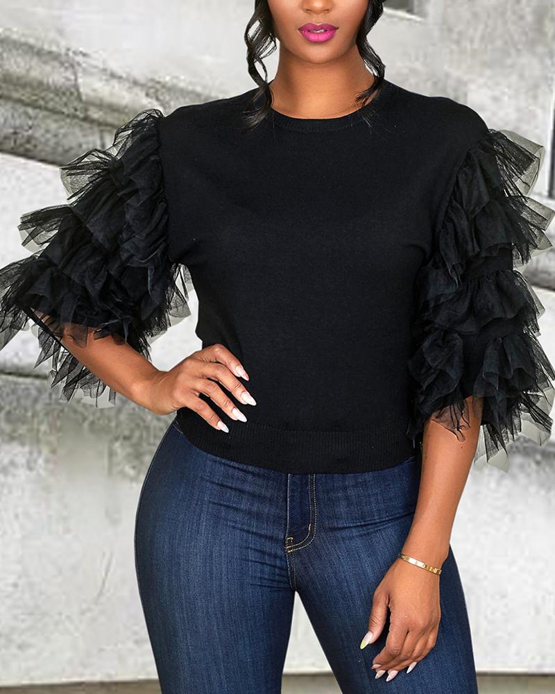 

Round Neck Half Sleeve Layered Ruffles Mesh Insert Blouse