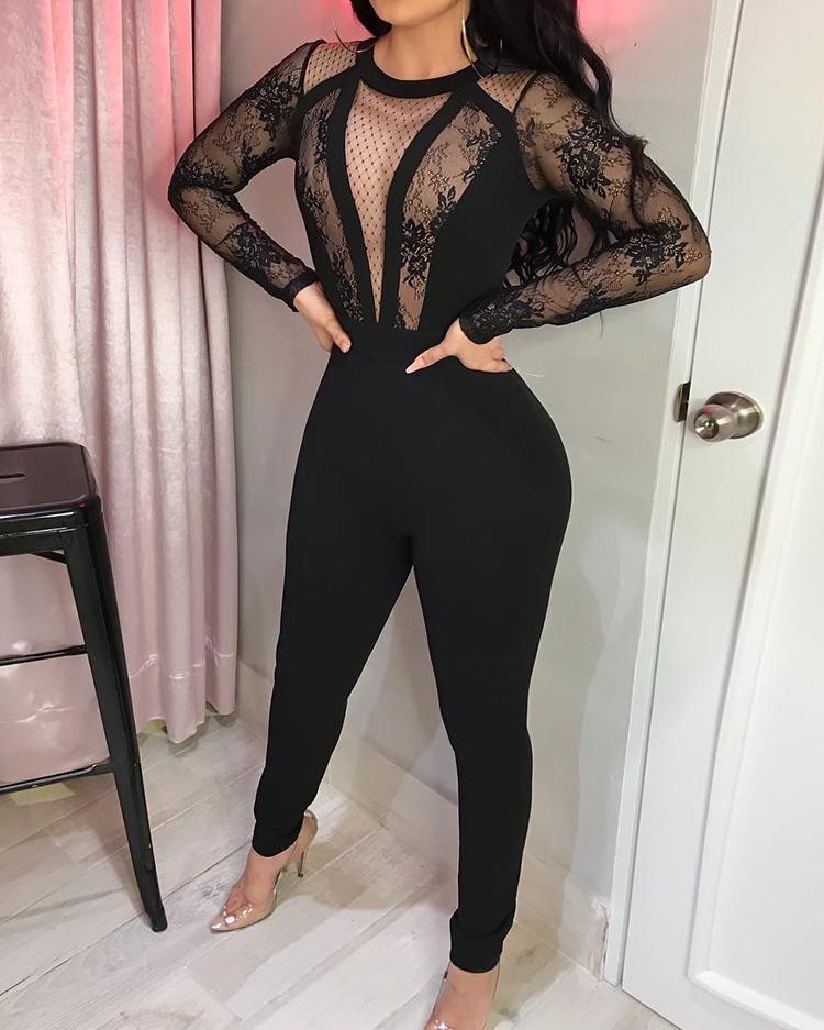 

Lace Crochet Mesh See Through Jumpsuit, Black