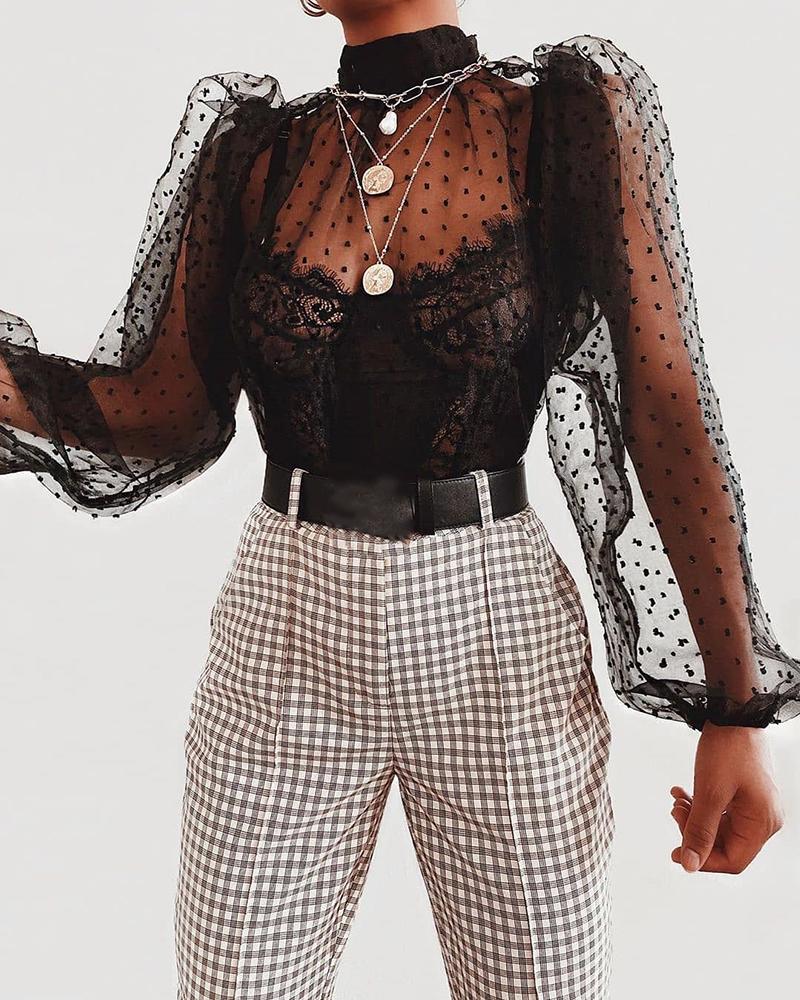 

Dot Mesh Design Long Sleeve Blouse, Black