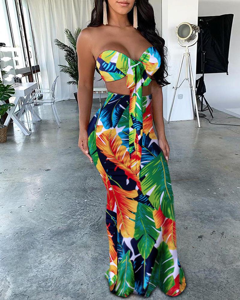 

Tropical Print Tube Knotted Top & Maxi Skirt Sets, Green