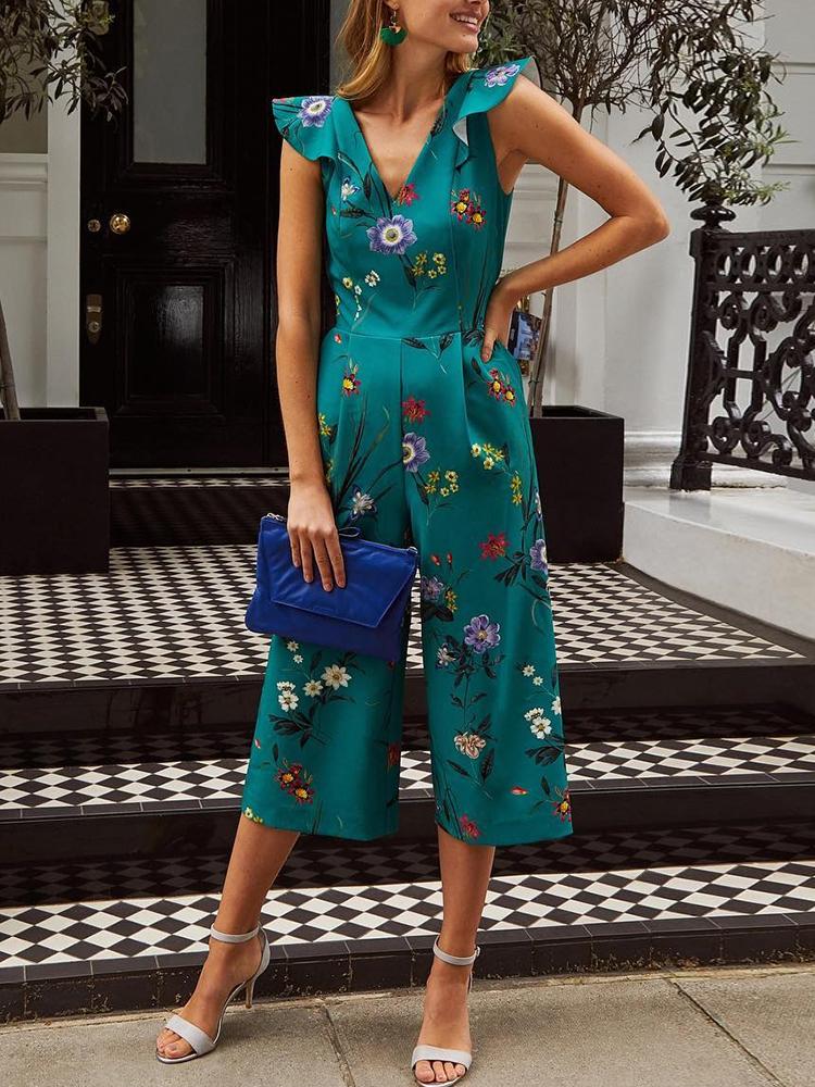

V-Neck Floral Print Flutter Sleeve Jumpsuits