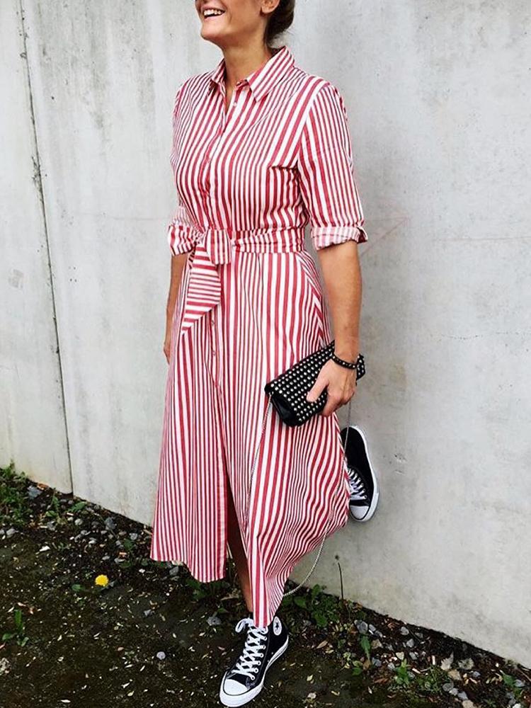 

Striped Button Up Self Belted Shirt Dress