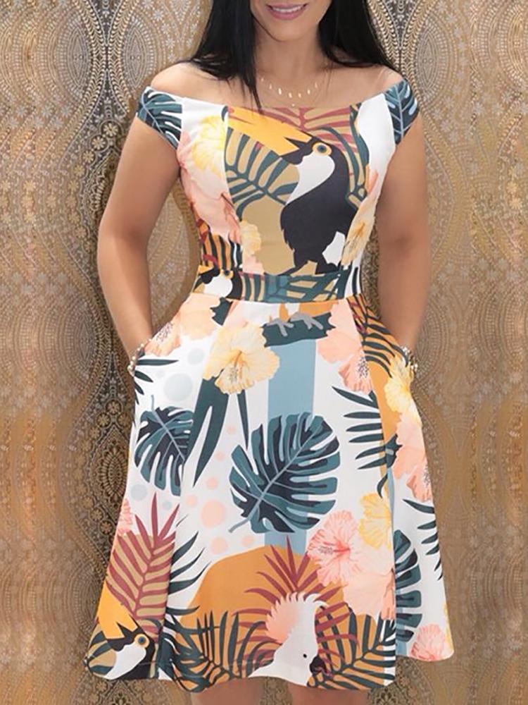 

Mixed Print Off Shoulder Pocket Casual Dresses