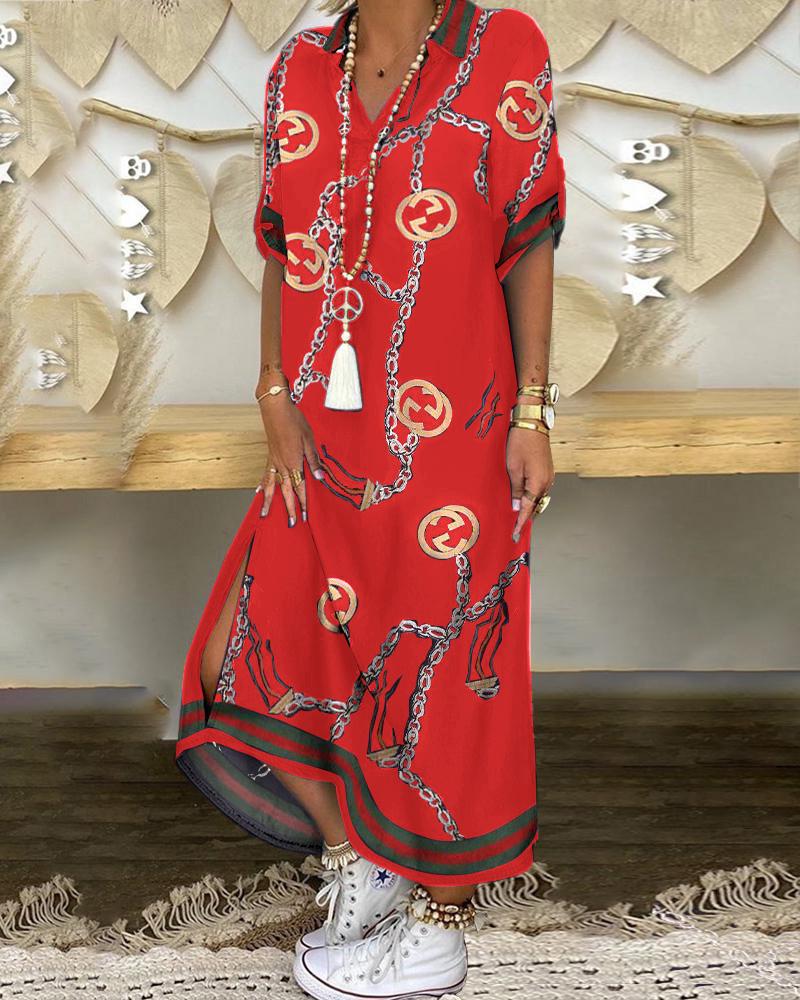 

Chain Print Half Sleeve Slit Casual Dress, Red