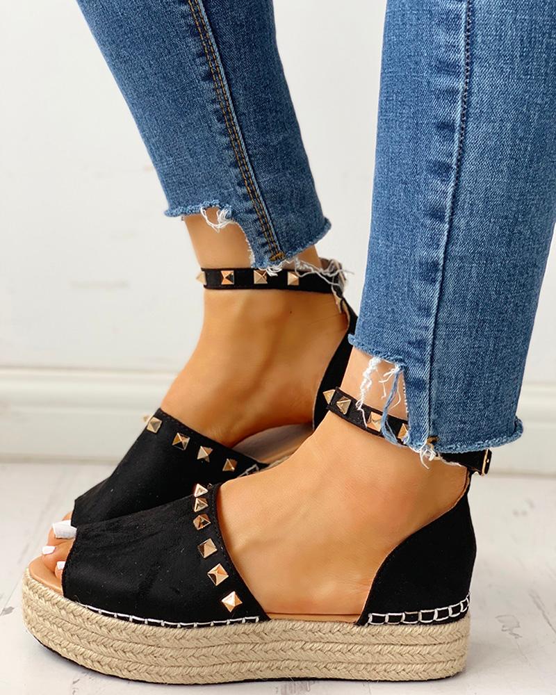 

Rivet Detail Espadrille Platform Sandals, Black