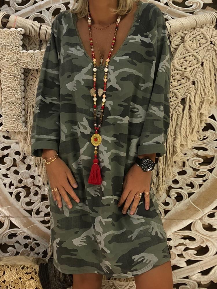 

Camouflage Print V Neck Casual Dress, Army green