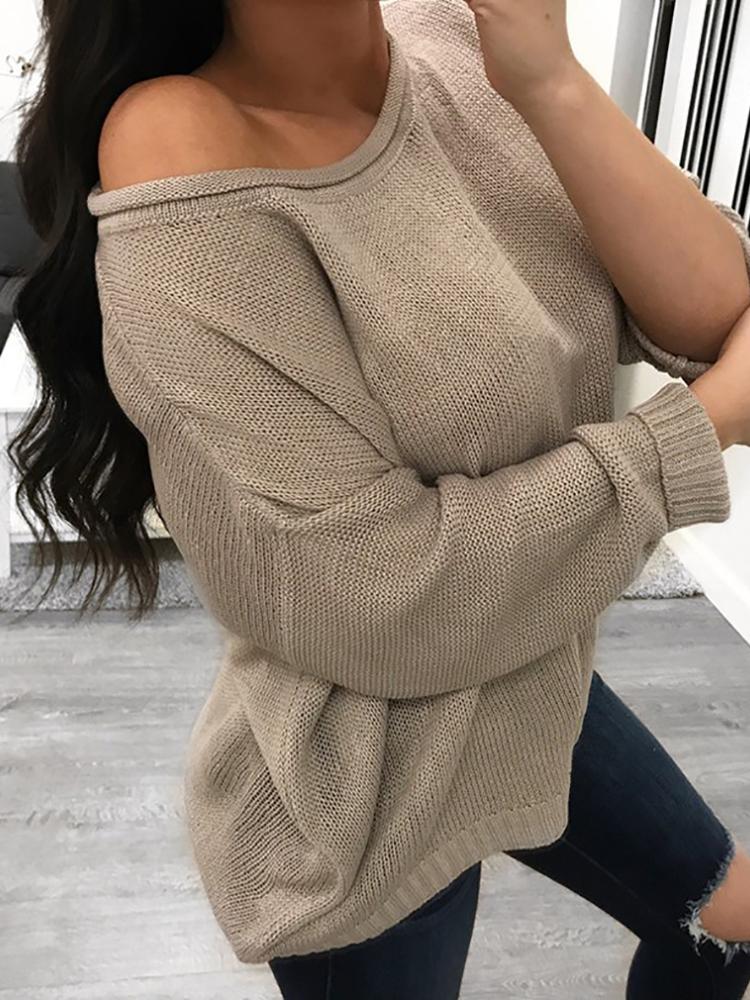 

Solid Long Sleeve Plus Size Casual Sweater, Khaki