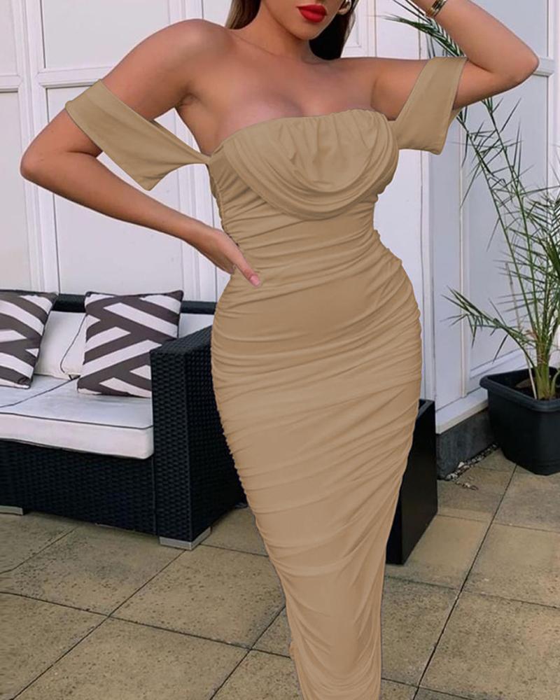 

Off Shoulder Ruched Midi Dress, Khaki