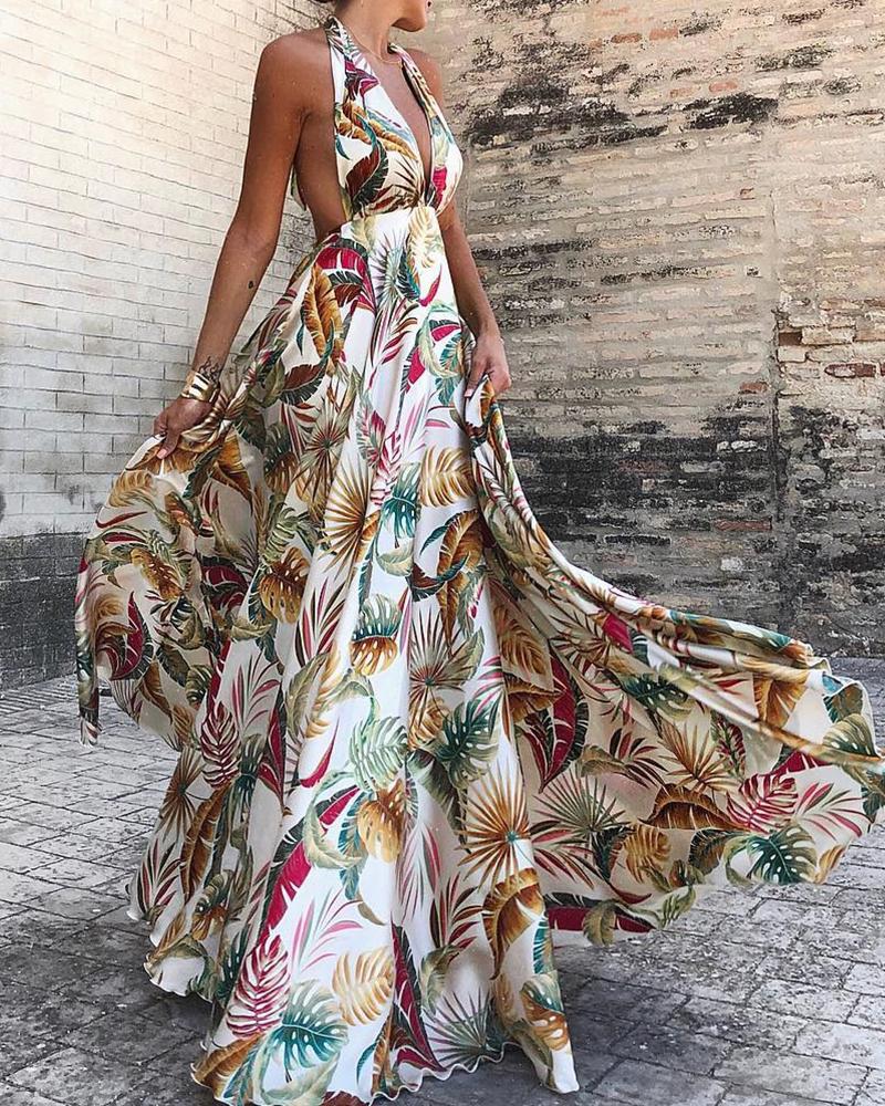 

Halter Tropical Print Backless Maxi Dress, Multicolor