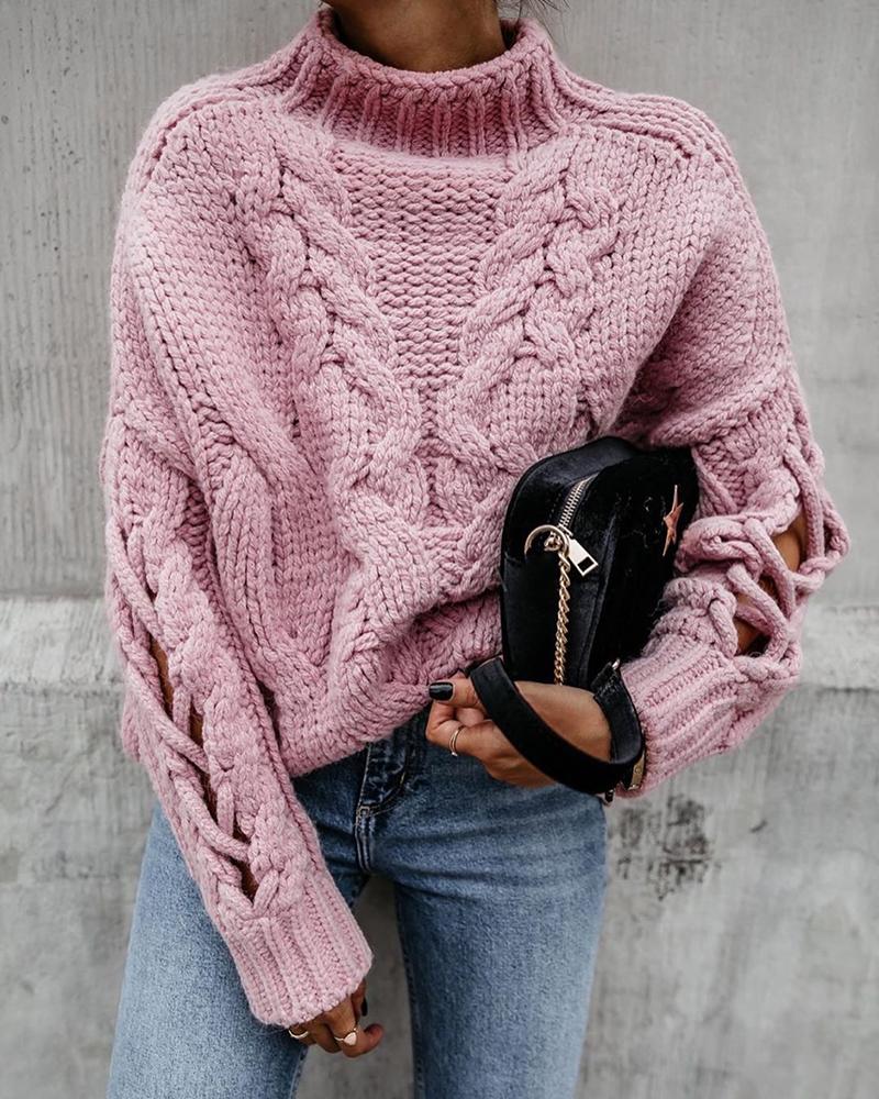 

Cut Out Cable Knit Solid Casual Sweater, Pink