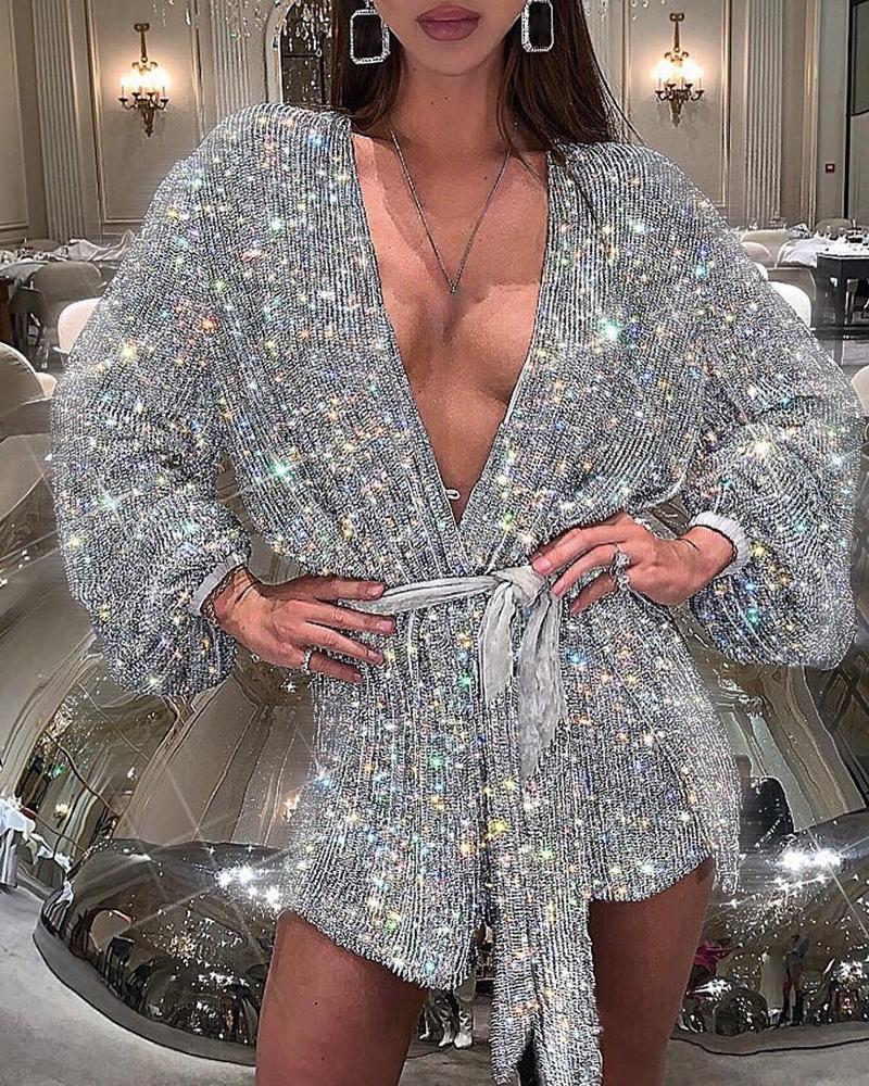 

Glitter Long Sleeve Sequins Dress, Silver